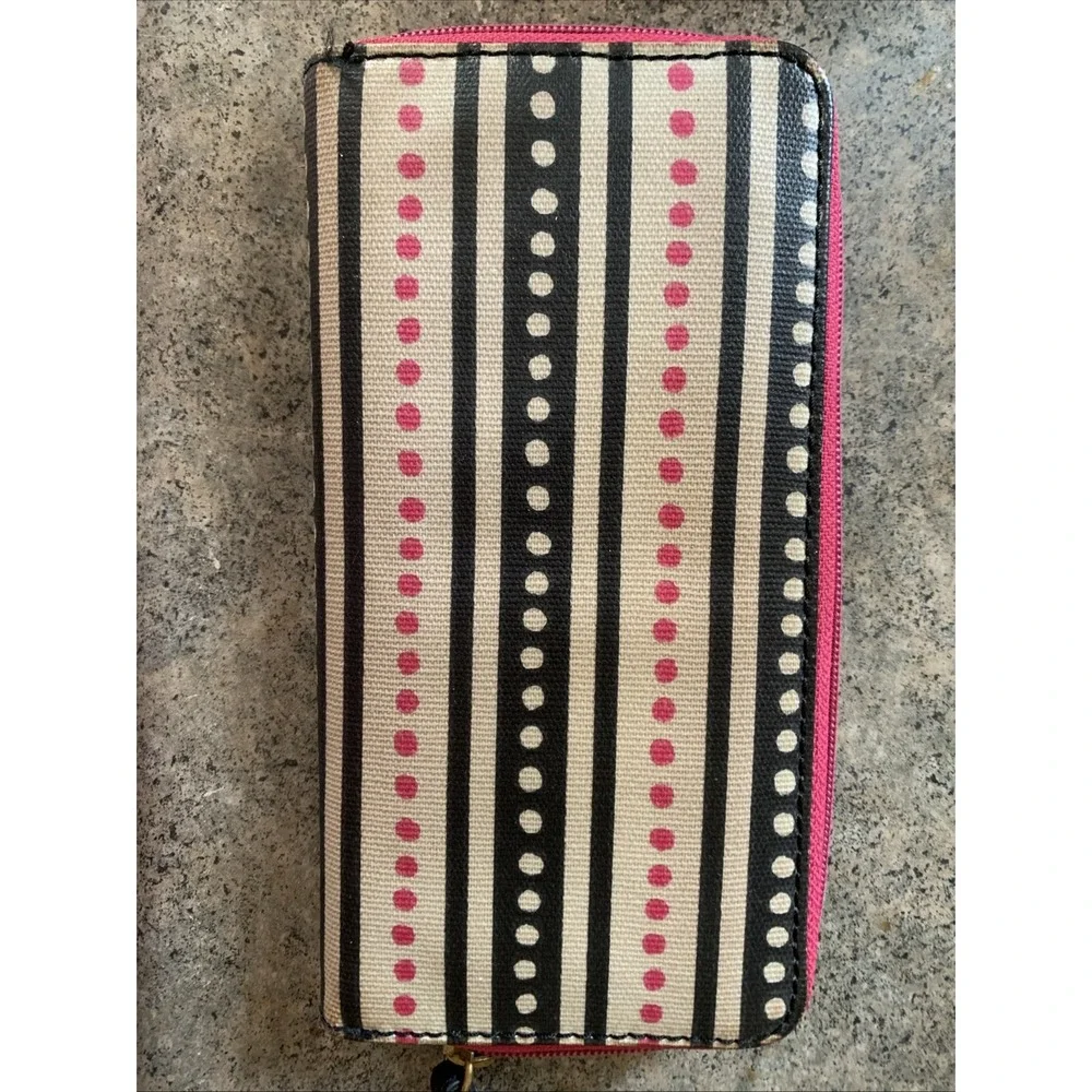 Fossil Eliza Clutch Pink Dots Zipper Accordion Wallet Black‎ Interior